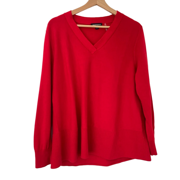 Repeat Sweaters - REPEAT BRIGHT RED V-NECK COTTON VISCOSE SWEATER WITH RIBBED CUFF & HEM, 42/L